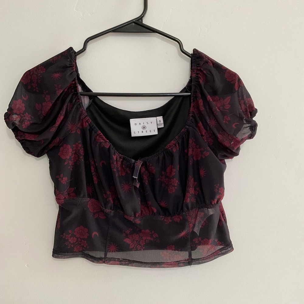 Daisy Street Sheer Mesh Floral Celestial Puff Sleeve Top‎ – Soft Goth Y2K – Sz S